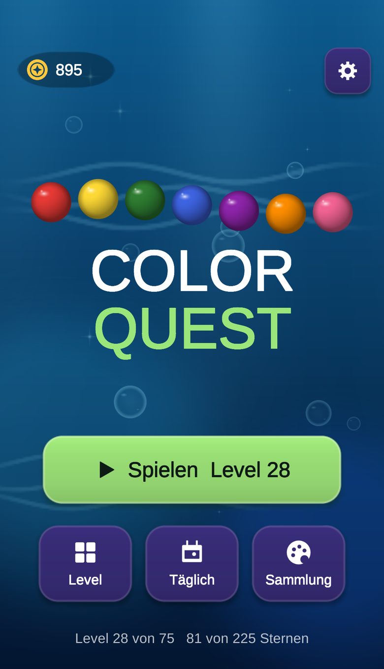 Startbildschirm von Color Quest mit der Schaltfläche Spielen und den Kurzbefehlen Level, Täglich und Sammlung