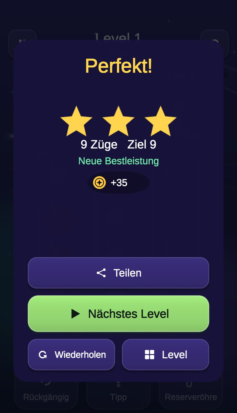 Bildschirm nach dem Level mit drei Sternen, der Zugzahl und den verdienten Münzen
