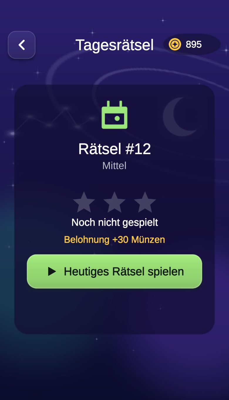 Bildschirm des Tagesrätsels mit Münzbelohnung und einer Schaltfläche zum Spielen