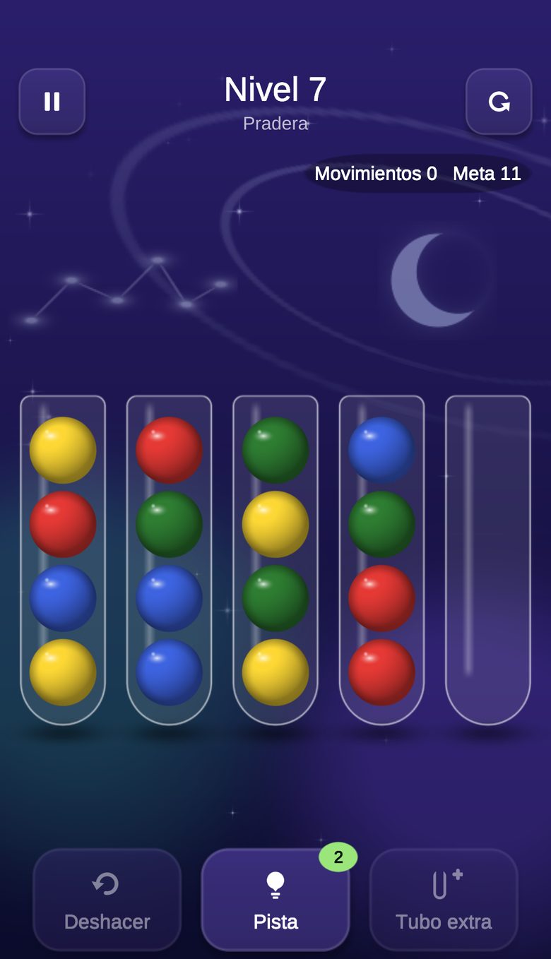Nivel 7 del mundo Pradera: cinco tubos de cristal con bolas de colores por ordenar