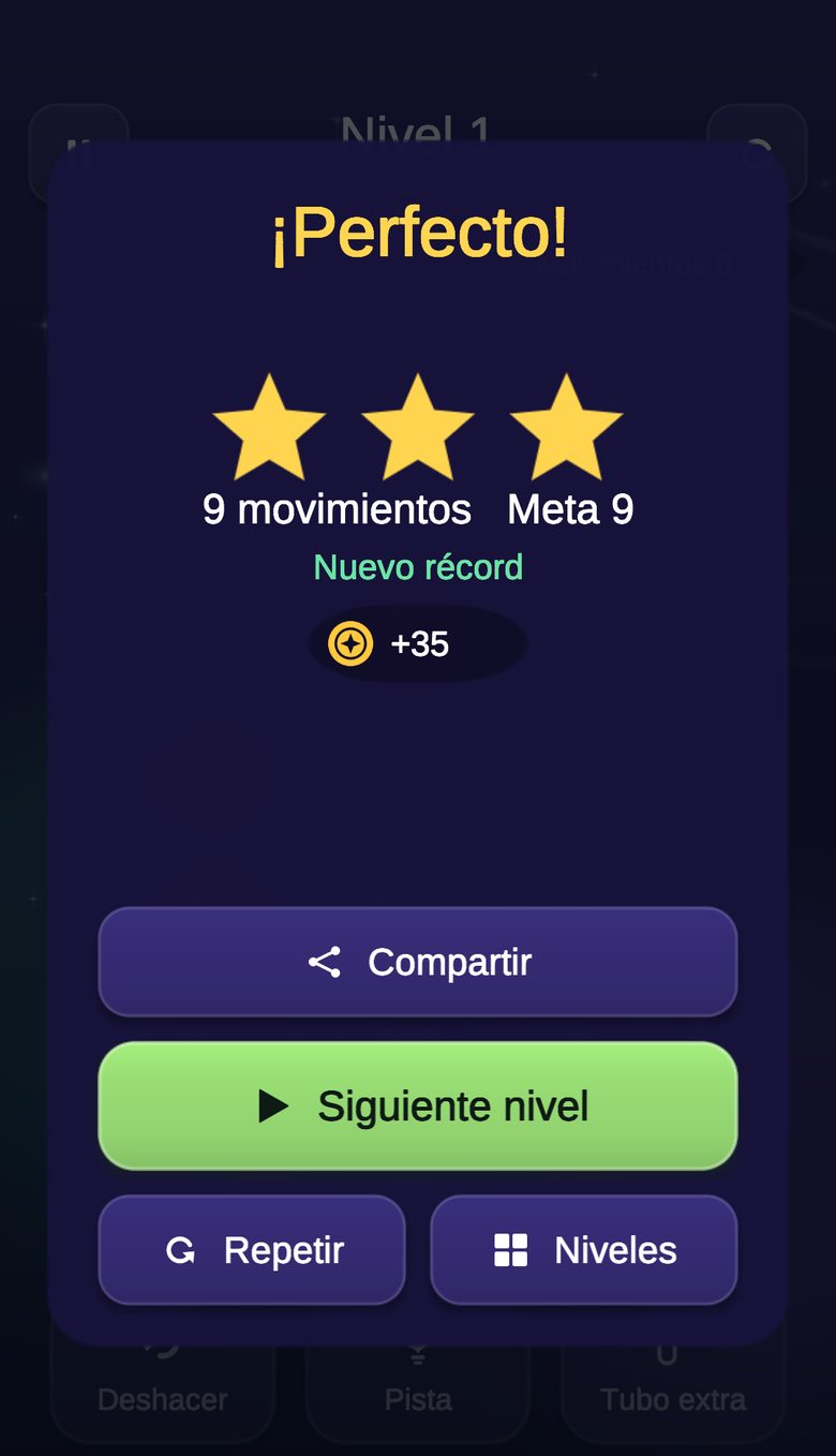 Pantalla de nivel superado con tres estrellas, los movimientos y las monedas ganadas