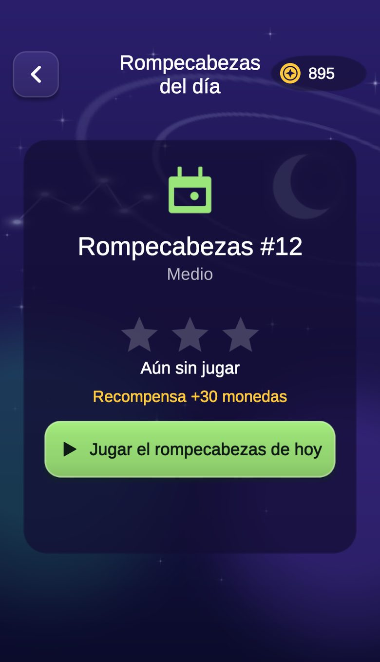 Pantalla del rompecabezas del día con su recompensa en monedas y un botón para jugar