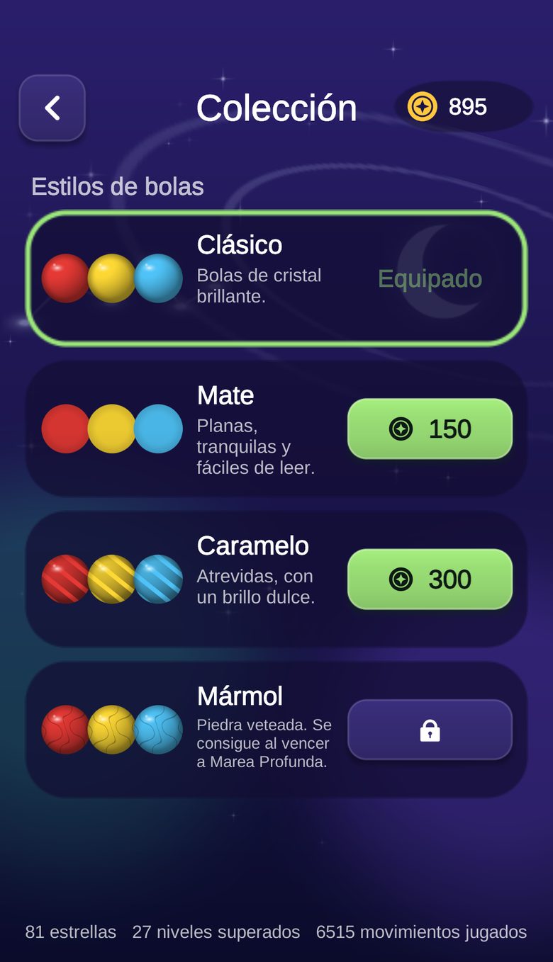 Pantalla de Colección con los estilos de bola Clásico, Mate, Caramelo y Mármol