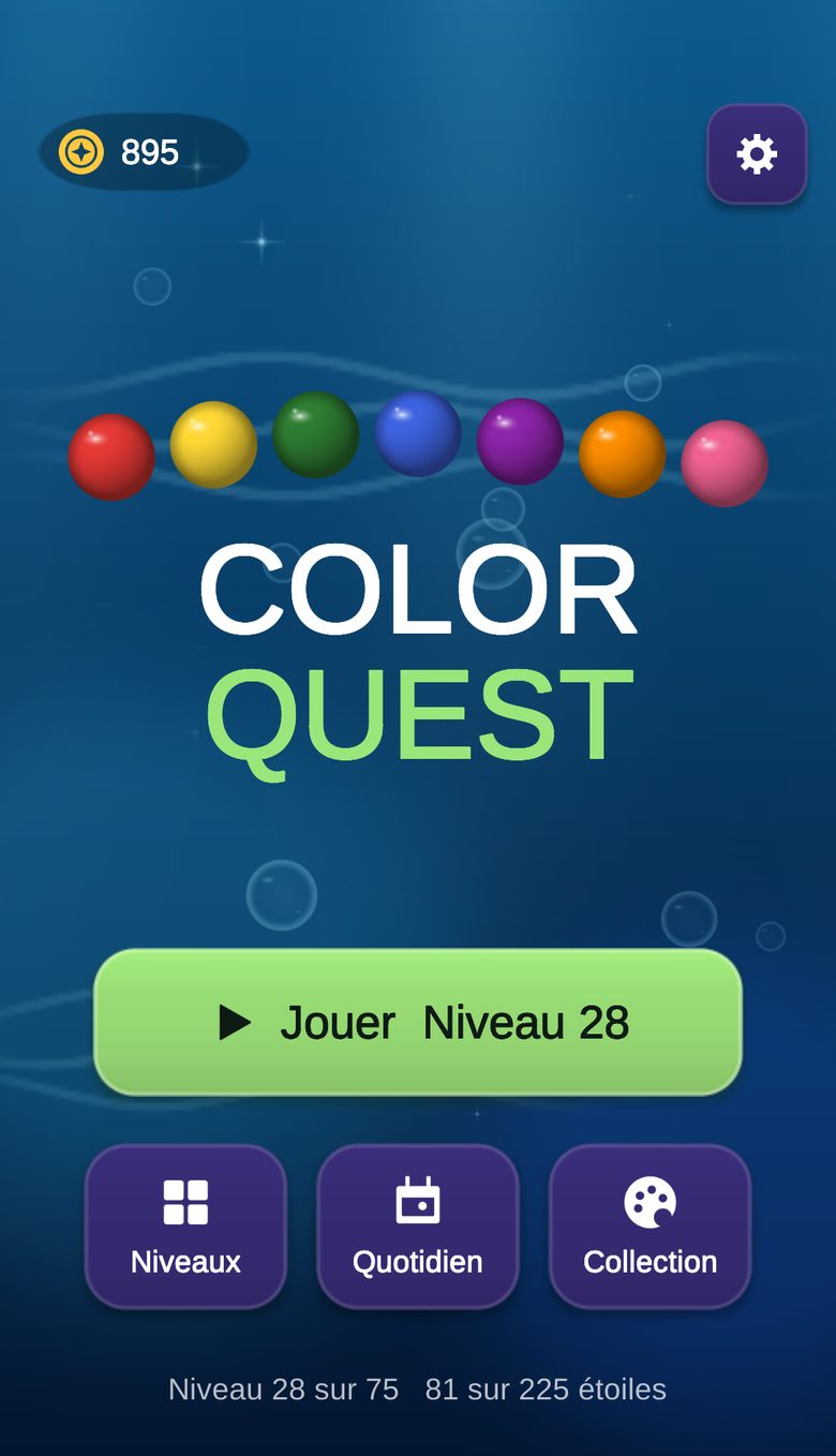 Écran d’accueil de Color Quest avec le bouton Jouer et les raccourcis Niveaux, Quotidien et Collection