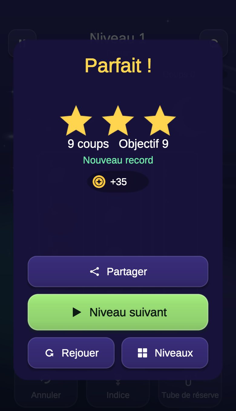 Écran de niveau terminé avec trois étoiles, le nombre de coups et les pièces gagnées