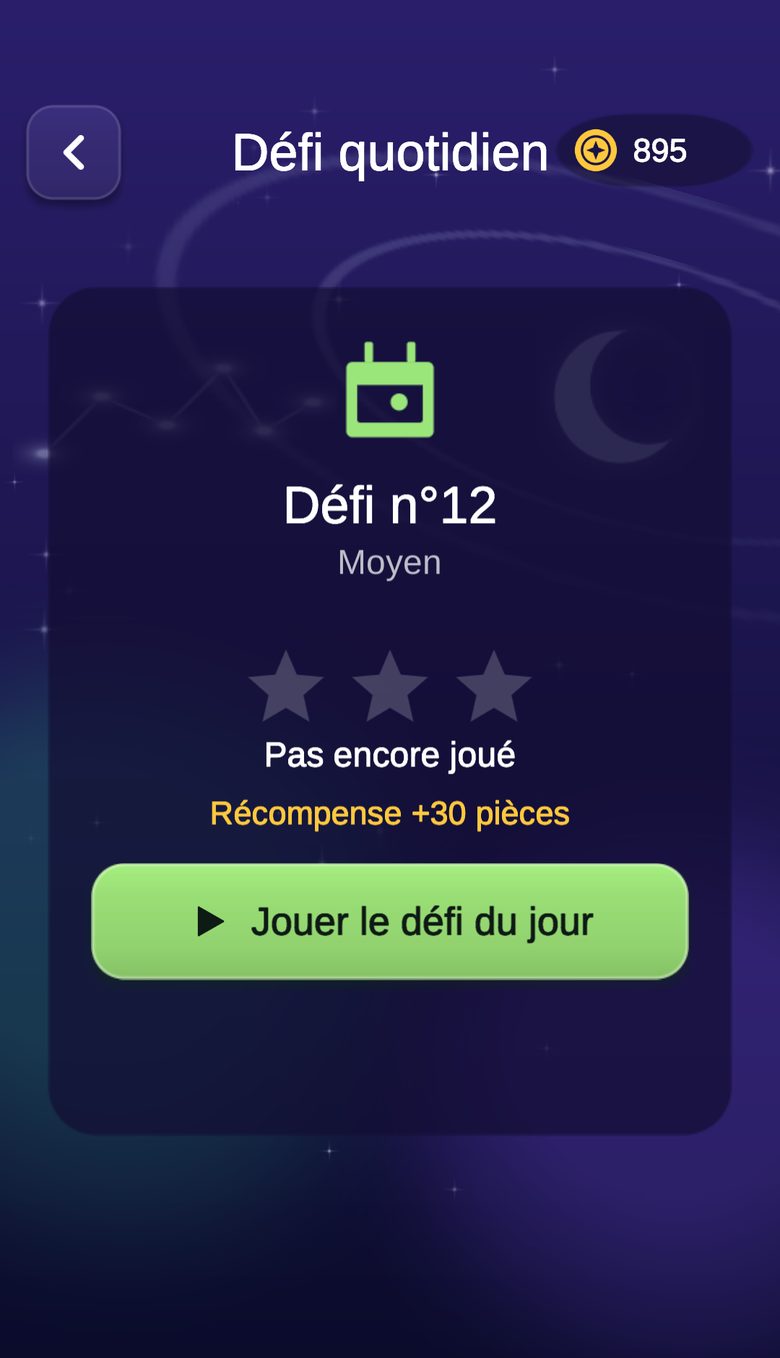 Écran du défi quotidien avec sa récompense en pièces et un bouton pour jouer
