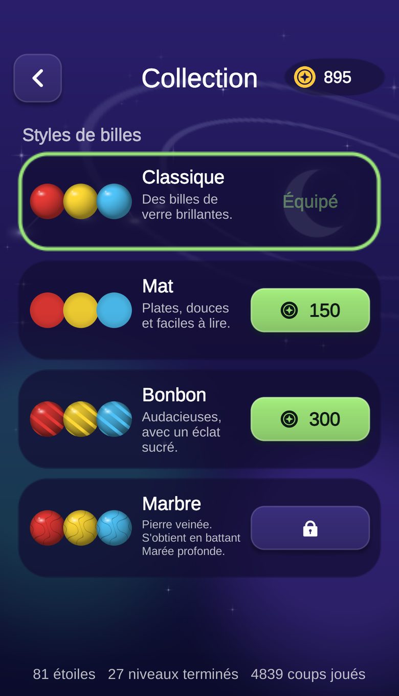 Écran Collection avec les styles de billes Classique, Mat, Bonbon et Marbre