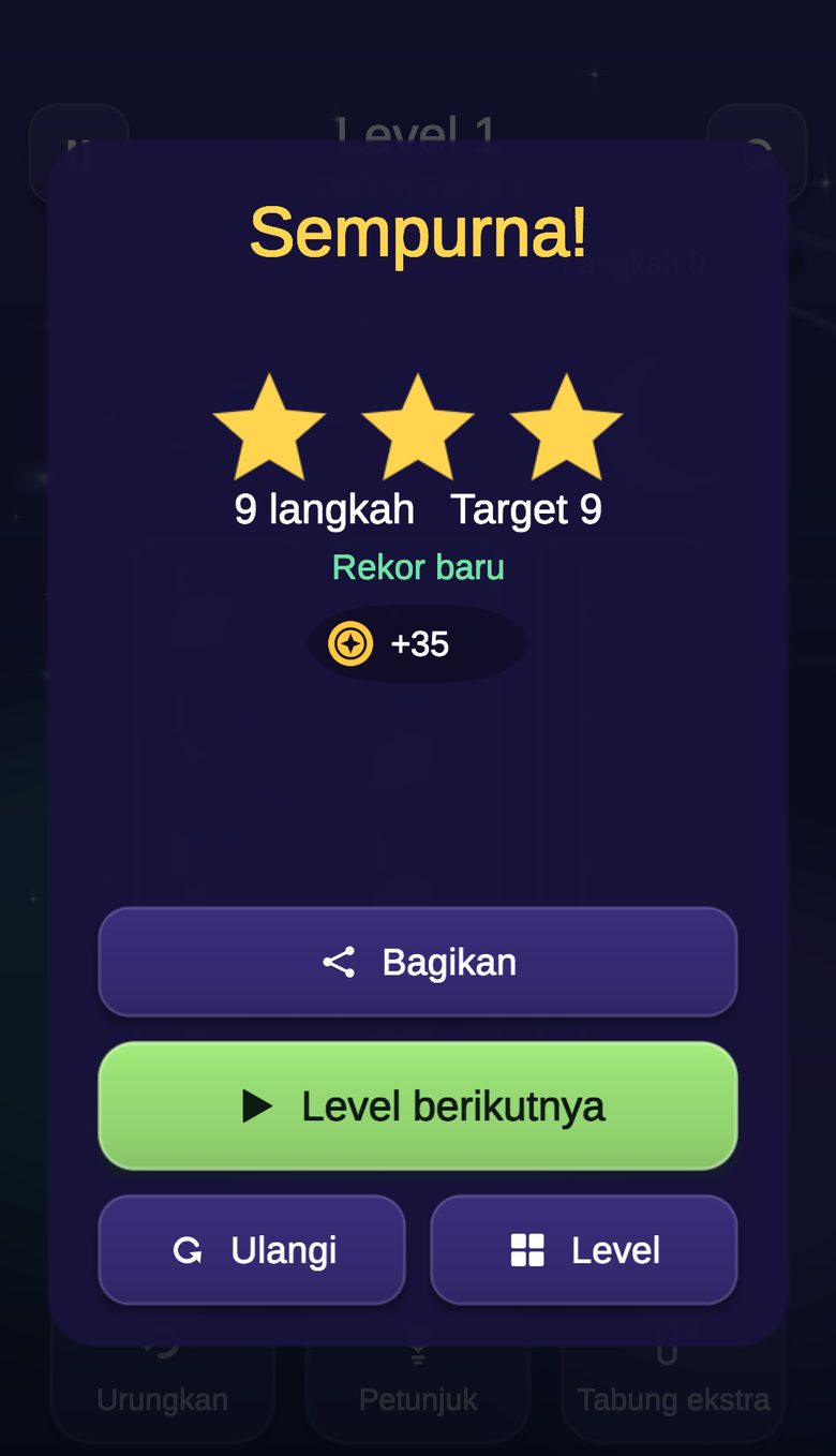 Layar level selesai dengan tiga bintang, jumlah langkah, dan koin yang didapat
