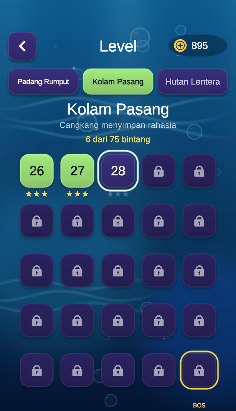 Pilihan level dunia Padang Rumput dengan level yang sudah selesai dan level berikutnya