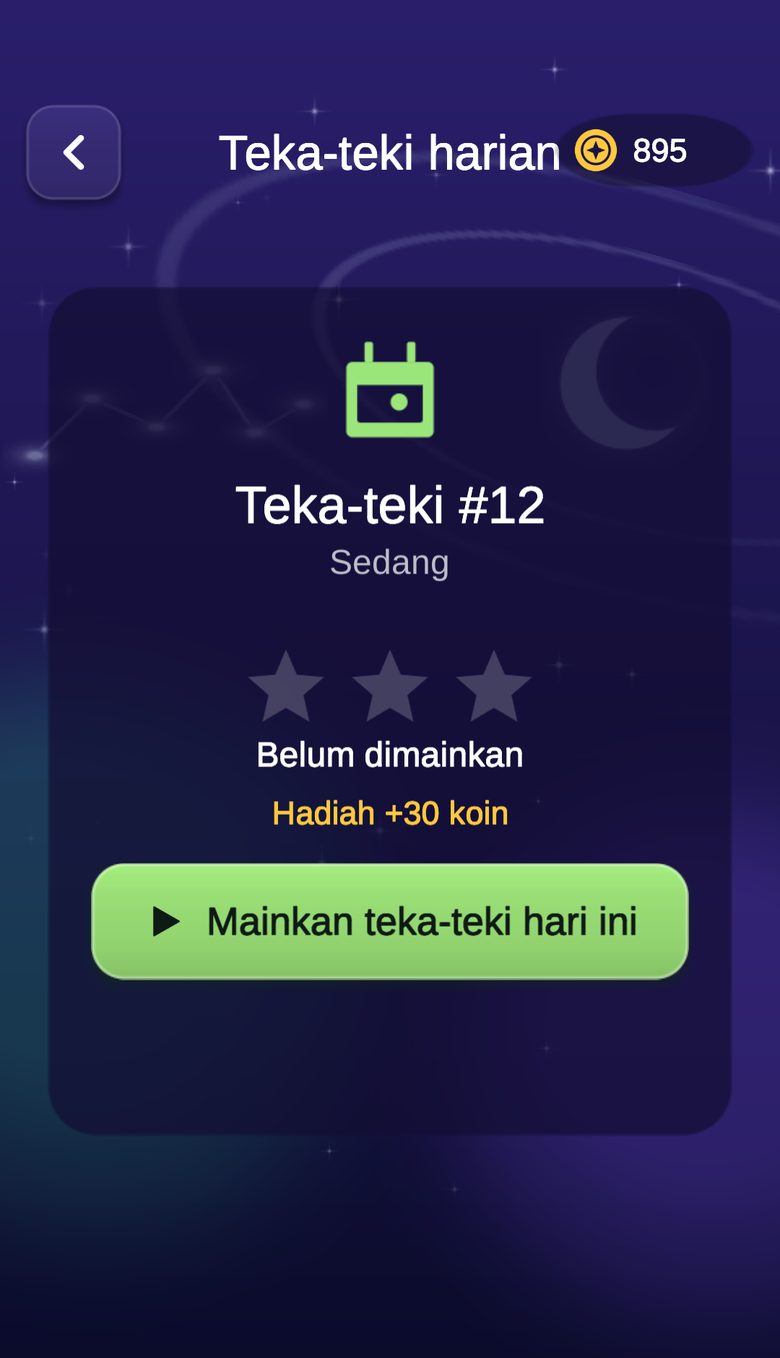 Layar teka-teki harian dengan hadiah koin dan tombol untuk memainkannya