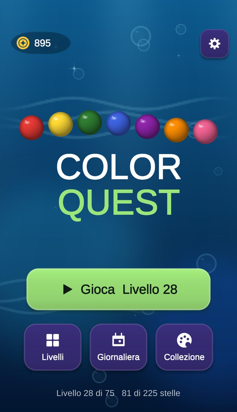 Schermata iniziale di Color Quest con il pulsante Gioca e le scorciatoie Livelli, Giornaliera e Collezione