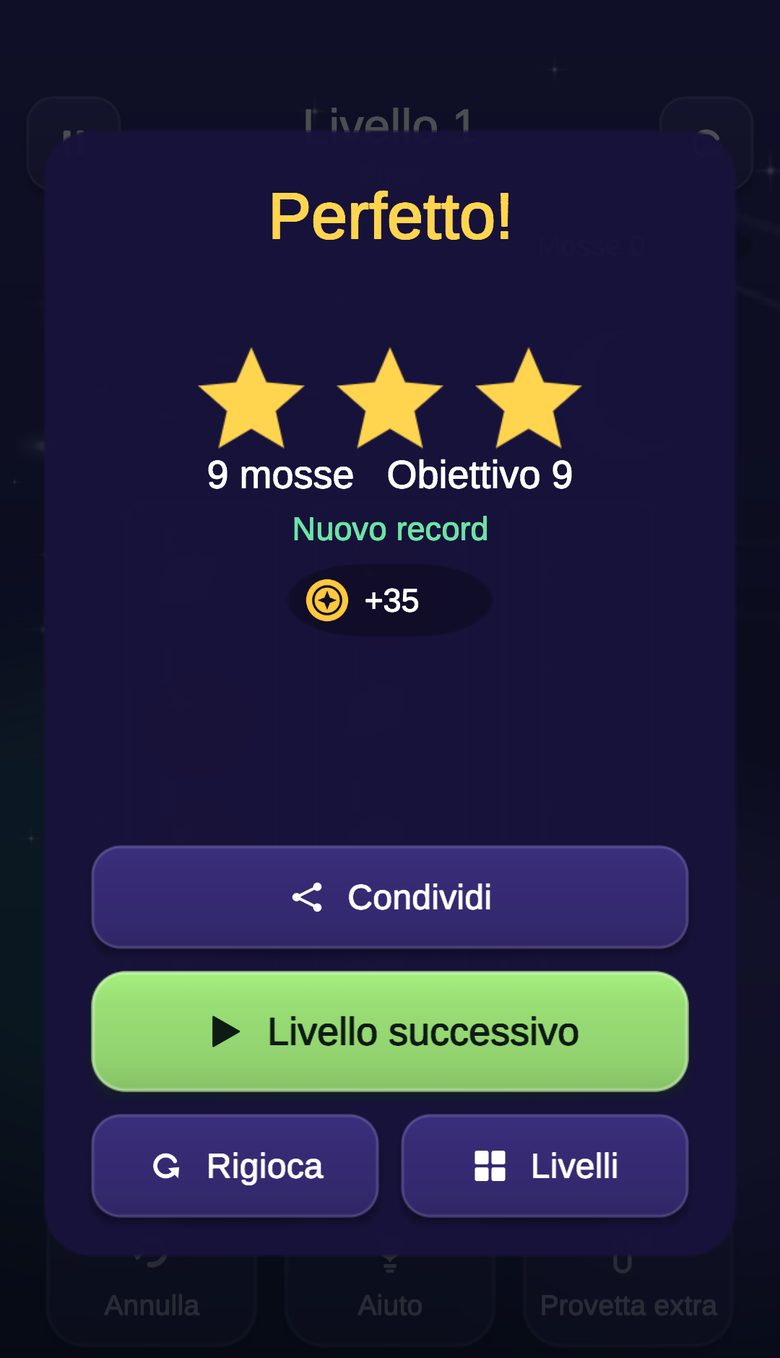 Schermata di livello completato con tre stelle, il numero di mosse e le monete guadagnate