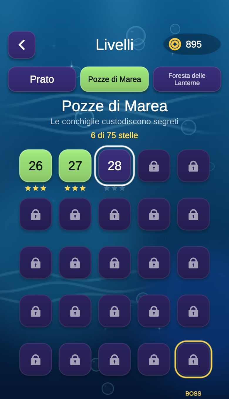 Selezione dei livelli del mondo Prato con i livelli completati e il successivo