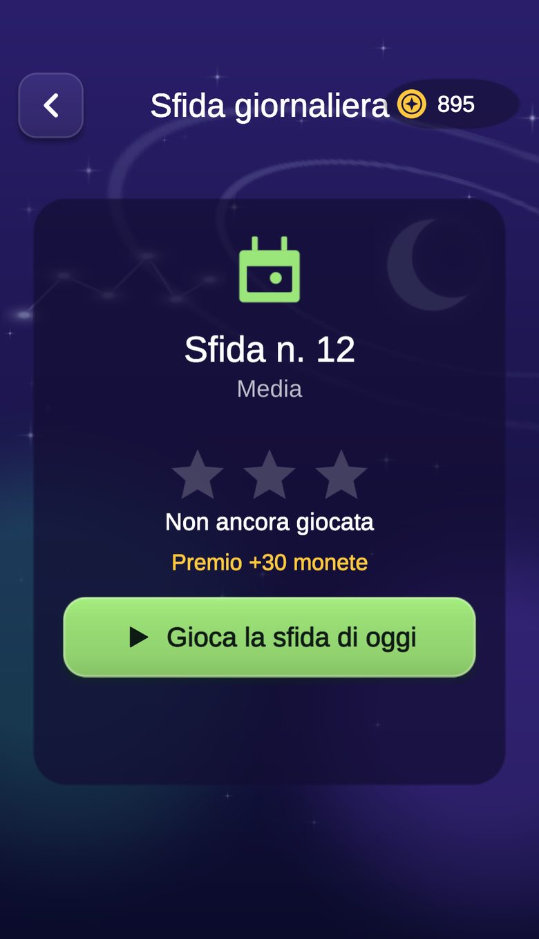 Schermata della sfida giornaliera con la ricompensa in monete e un pulsante per giocare