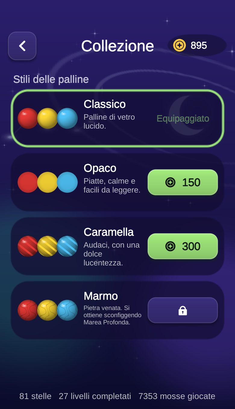 Schermata Collezione con gli stili di pallina Classico, Opaco, Caramella e Marmo
