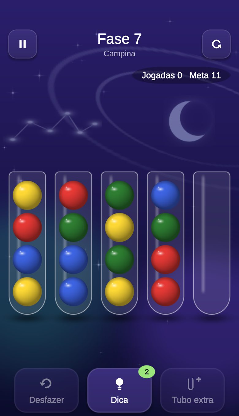 Fase 7 do mundo Campina: cinco tubos de vidro com bolas coloridas para organizar