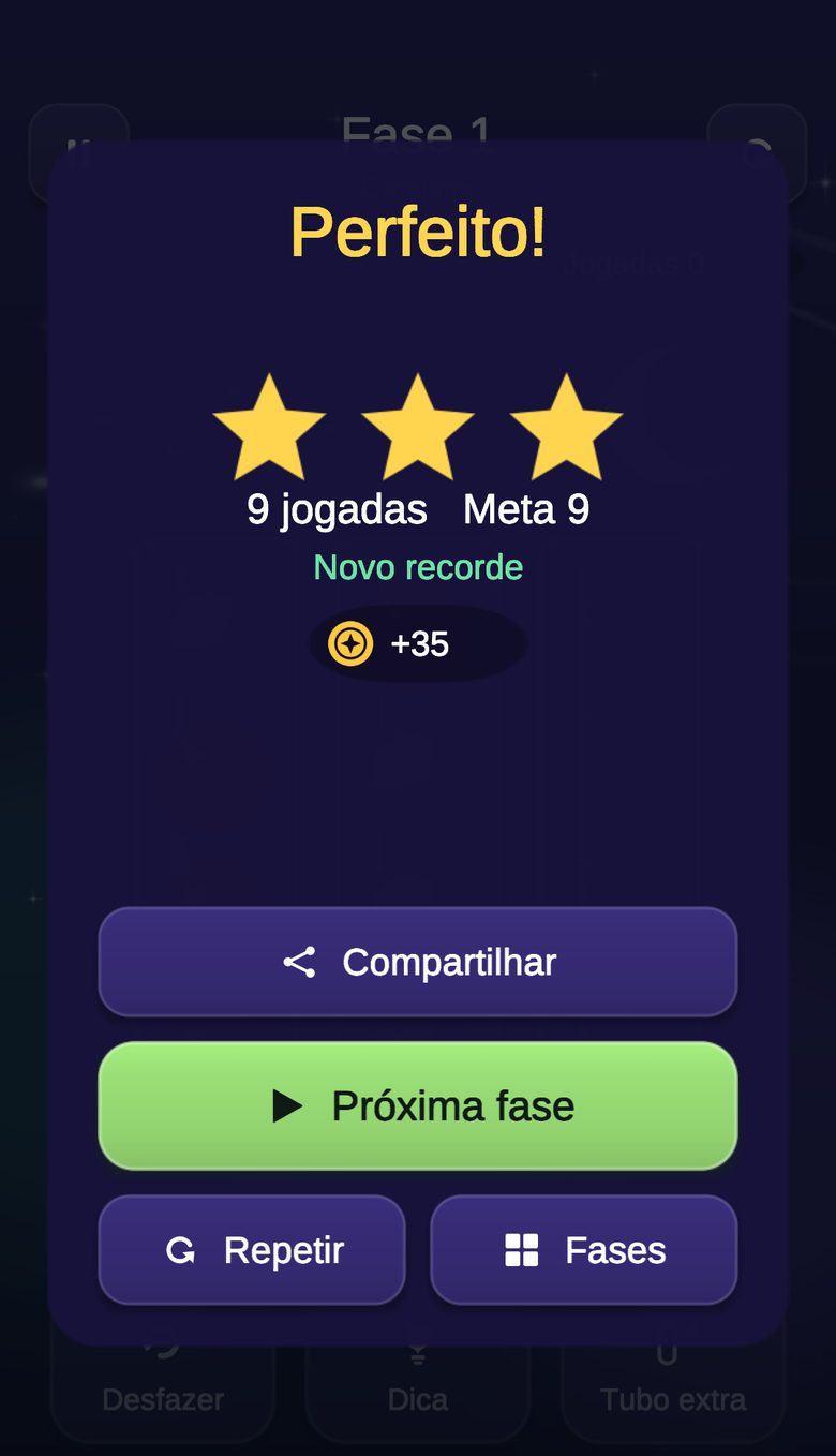 Tela de fase concluída com três estrelas, o número de jogadas e as moedas ganhas
