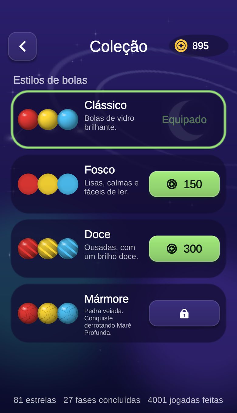 Tela de Coleção com os estilos de bola Clássico, Fosco, Doce e Mármore