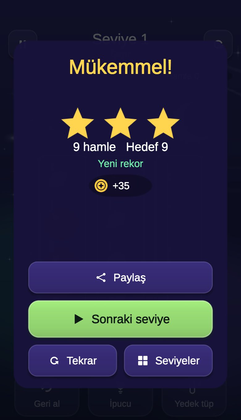Üç yıldızı, hamle sayısını ve kazanılan jetonları gösteren seviye tamamlama ekranı