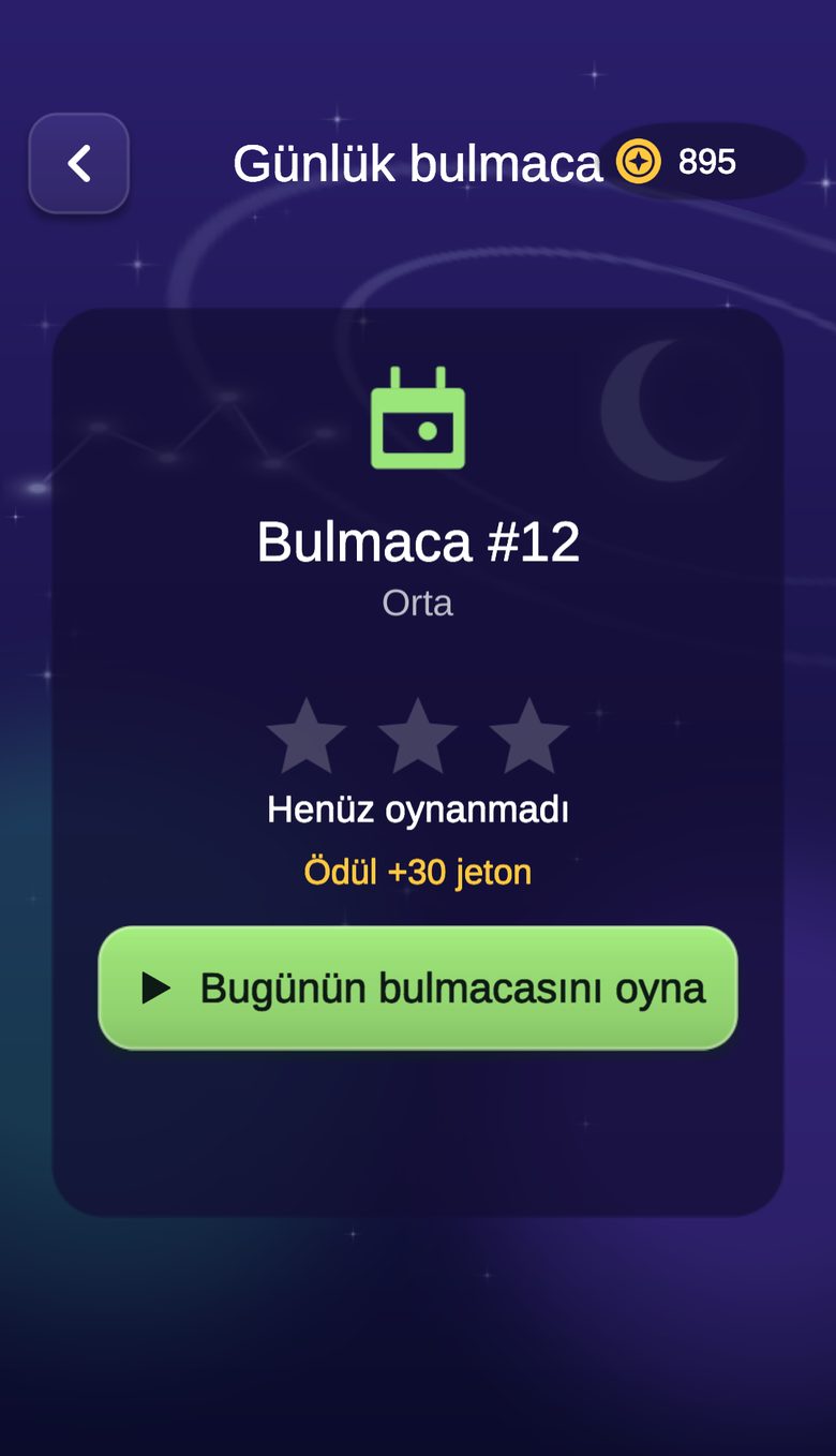 Jeton ödülü ve oynama düğmesiyle günlük bulmaca ekranı