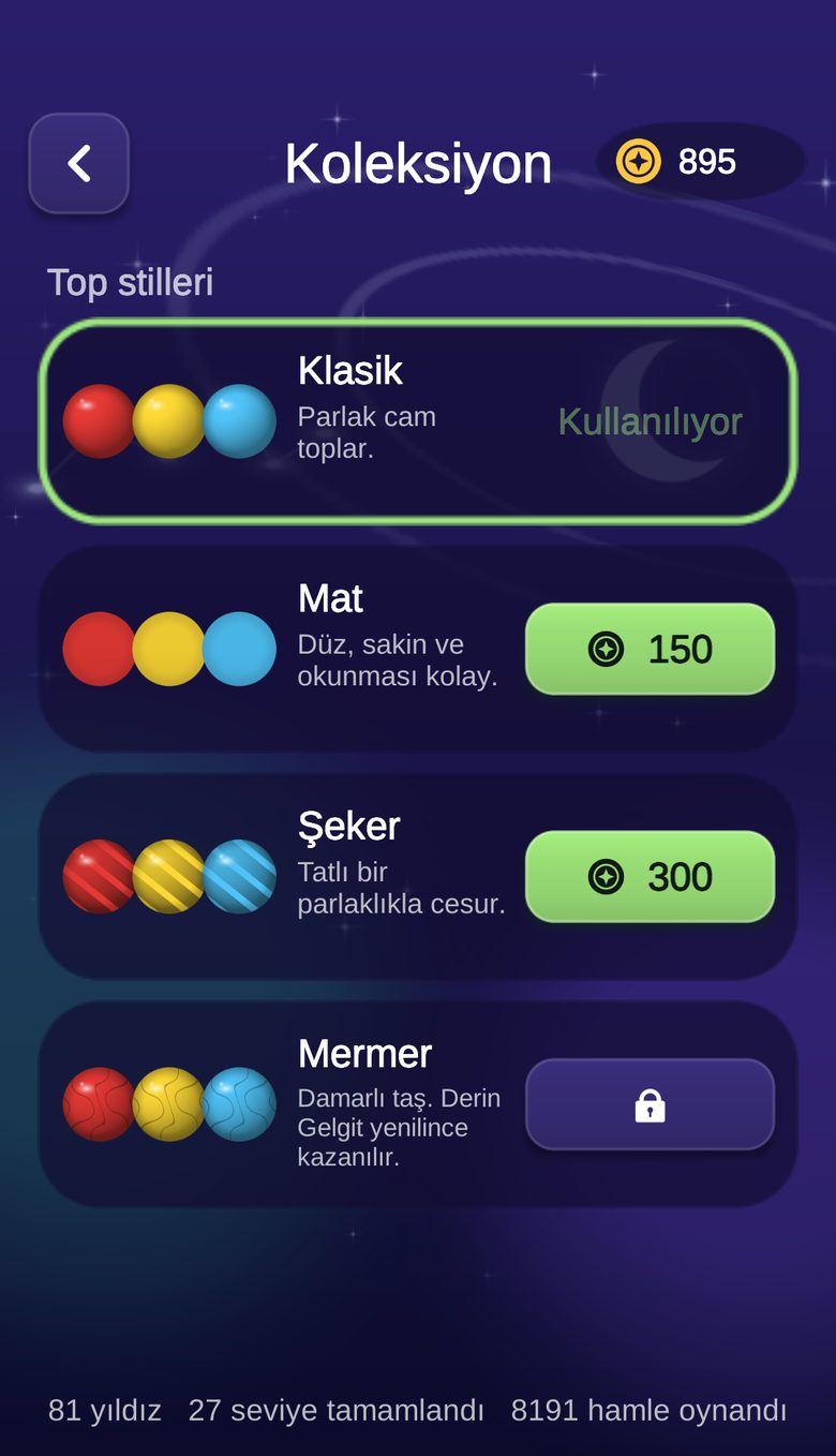 Klasik, Mat, Şeker ve Mermer top stillerini gösteren Koleksiyon ekranı